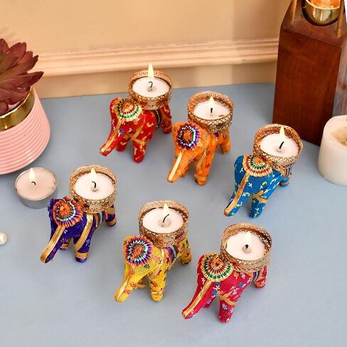 Elephant Tealight Candle Holder Set of 6 | Handmade Multicolor Diya Stand for Diwali Decoration, Christmas, Festival & Home Décor | Decorative Elephant T-Light Candle Holder in Kuwait