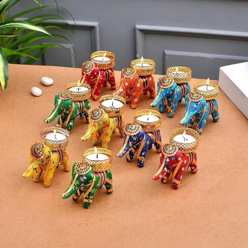 Elephant Tealight Candle Holder Set of 6 | Handmade Multicolor Diya Stand for Diwali Decoration, Christmas, Festival & Home Décor | Decorative Elephant T-Light Candle Holder in Kuwait