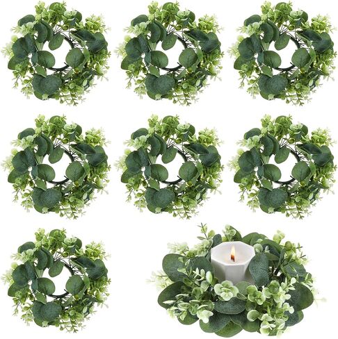 8 Pcs Candle Rings Wreaths Artificial Eucalyptus - 9.8" Faux Greenery & White Flower Mini Wreaths for Pillar Candles - Rustic Farmhouse Table Centerpiece for Wedding, Party, Home Decor in Kuwait