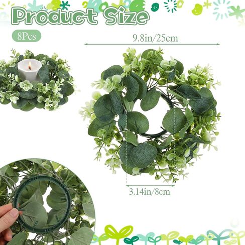 8 Pcs Candle Rings Wreaths Artificial Eucalyptus - 9.8" Faux Greenery & White Flower Mini Wreaths for Pillar Candles - Rustic Farmhouse Table Centerpiece for Wedding, Party, Home Decor in Kuwait