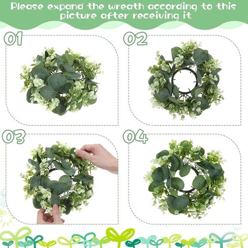 8 Pcs Candle Rings Wreaths Artificial Eucalyptus - 9.8" Faux Greenery & White Flower Mini Wreaths for Pillar Candles - Rustic Farmhouse Table Centerpiece for Wedding, Party, Home Decor in Kuwait
