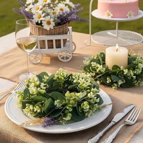 8 Pcs Candle Rings Wreaths Artificial Eucalyptus - 9.8" Faux Greenery & White Flower Mini Wreaths for Pillar Candles - Rustic Farmhouse Table Centerpiece for Wedding, Party, Home Decor in Kuwait