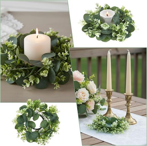 8 Pcs Candle Rings Wreaths Artificial Eucalyptus - 9.8" Faux Greenery & White Flower Mini Wreaths for Pillar Candles - Rustic Farmhouse Table Centerpiece for Wedding, Party, Home Decor in Kuwait