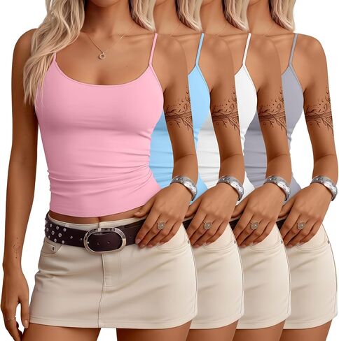 4 Pack Women's Camisole Tank Tops Open Back Scoop Neck Spaghetti Strap Knit Cami Tops Low Back Fitted Summer Shirts in Saudi Arabia