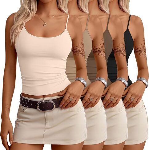 4 Pack Women's Camisole Tank Tops Open Back Scoop Neck Spaghetti Strap Knit Cami Tops Low Back Fitted Summer Shirts in Saudi Arabia