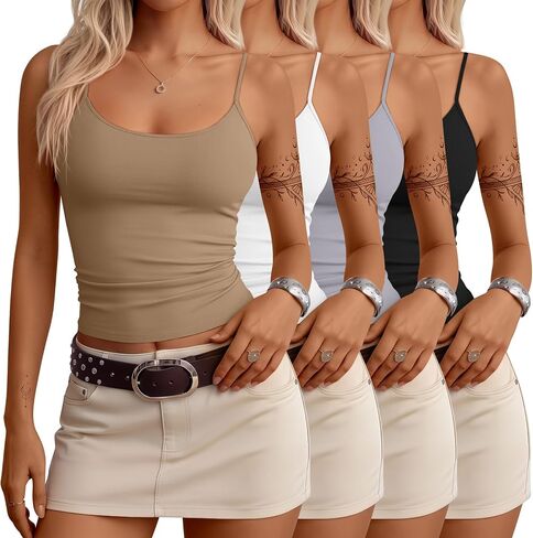 4 Pack Women's Camisole Tank Tops Open Back Scoop Neck Spaghetti Strap Knit Cami Tops Low Back Fitted Summer Shirts in Saudi Arabia