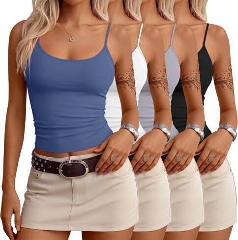 4 Pack Women's Camisole Tank Tops Open Back Scoop Neck Spaghetti Strap Knit Cami Tops Low Back Fitted Summer Shirts in Saudi Arabia