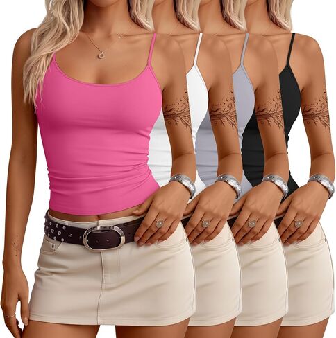 4 Pack Women's Camisole Tank Tops Open Back Scoop Neck Spaghetti Strap Knit Cami Tops Low Back Fitted Summer Shirts in Saudi Arabia