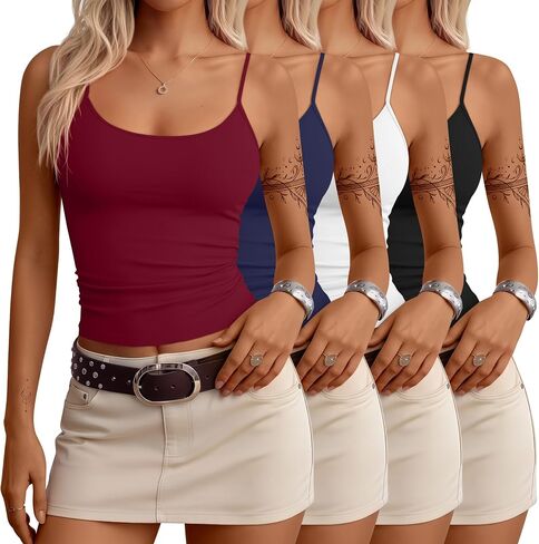 4 Pack Women's Camisole Tank Tops Open Back Scoop Neck Spaghetti Strap Knit Cami Tops Low Back Fitted Summer Shirts in Saudi Arabia