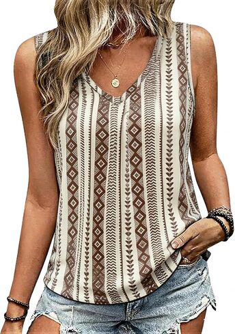 Flamingals Tank Tops for Women V Neck Striped Boho Tops Loose Fit Cute Summer Shirts Basic Sleeveless Blouses in Kuwait