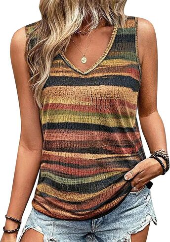 Flamingals Tank Tops for Women V Neck Striped Boho Tops Loose Fit Cute Summer Shirts Basic Sleeveless Blouses in Kuwait