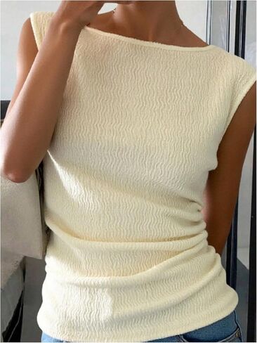 Floerns Women's Summer Boat Neck Tank Top Textured Ruched Sleeveless Going Out Tops in Kuwait
