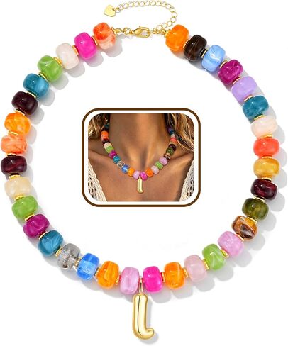 Initial Chunky Beaded Necklaces for Women Non Tarnish Colorful Beaded Bubble Letter Choker Boho Summer Trendy Jewelry Gift in Saudi Arabia
