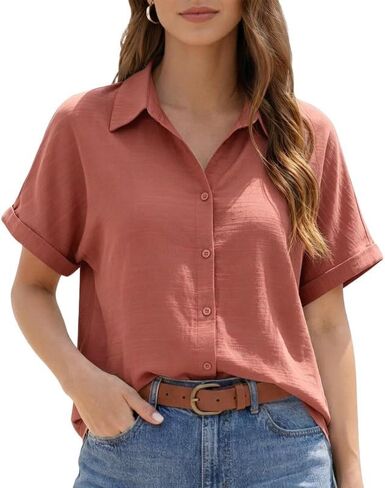 Womens Button Down Shirts Cotton Linen Short Sleeve Blouses Tops in Kuwait