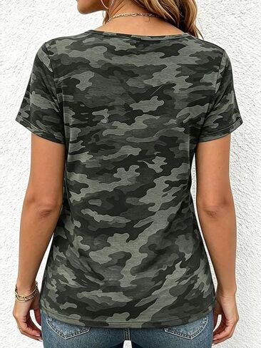 Flamingals Women's V Neck Short Sleeve Camo Print Strappy Detail Casual Trendy 2026 T Shirts in Kuwait