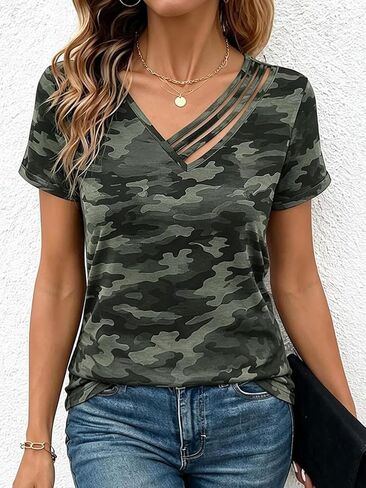 Flamingals Women's V Neck Short Sleeve Camo Print Strappy Detail Casual Trendy 2026 T Shirts in Kuwait