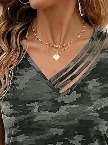 Flamingals Women's V Neck Short Sleeve Camo Print Strappy Detail Casual Trendy 2026 T Shirts in Kuwait