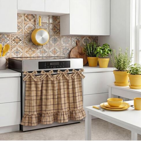 Ruffled Oven Skirt Oven Skirt Curtain for Door Farmhouse Oat Trim Gingham Kitchen Decor for Dishwashers Washing Machine Handmade in Saudi Arabia