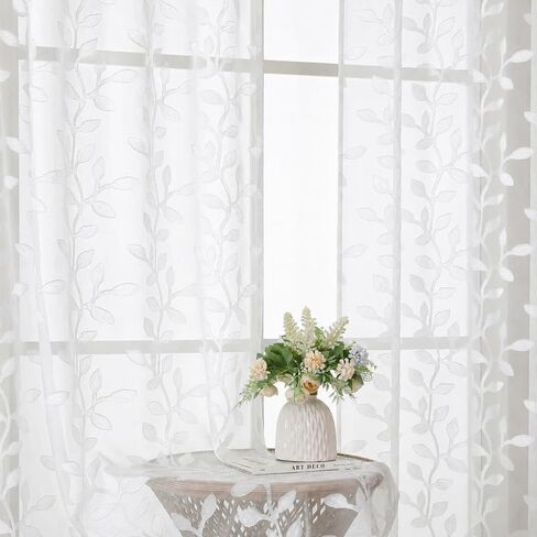 Aiyufeng Sheer Curtains 84 Inches Long for Bedroom, Jacquard Texture Leaf Pattern Light Filtering Semi Drapes, Airy Lightweight Window Treatments for Living Room, 2pcs, White, 42" W x 84" L in Saudi Arabia