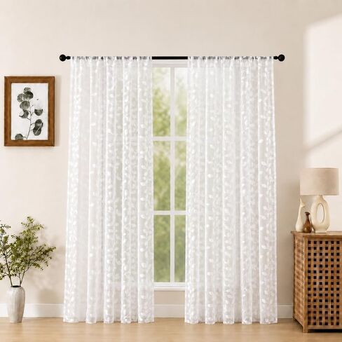 Aiyufeng Sheer Curtains 84 Inches Long for Bedroom, Jacquard Texture Leaf Pattern Light Filtering Semi Drapes, Airy Lightweight Window Treatments for Living Room, 2pcs, White, 42" W x 84" L in Saudi Arabia
