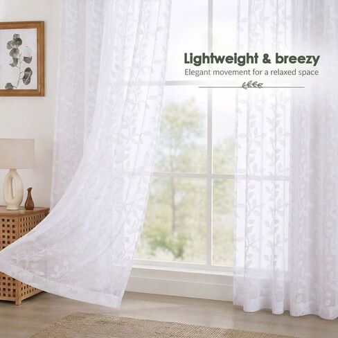 Aiyufeng Sheer Curtains 84 Inches Long for Bedroom, Jacquard Texture Leaf Pattern Light Filtering Semi Drapes, Airy Lightweight Window Treatments for Living Room, 2pcs, White, 42" W x 84" L in Saudi Arabia