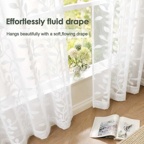 Aiyufeng Sheer Curtains 84 Inches Long for Bedroom, Jacquard Texture Leaf Pattern Light Filtering Semi Drapes, Airy Lightweight Window Treatments for Living Room, 2pcs, White, 42" W x 84" L in Saudi Arabia