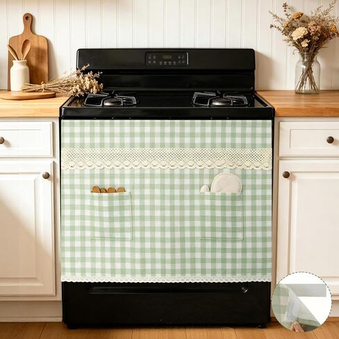 fethwoin Oven Curtain Skirt - Hook and Loop Stove Curtain with Pockets Gingham Oven Door Cover with Lace Cotton Farmhouse Cottagecore Rustic Kitchen Decor for Oven Dishwasher Cabinet Hidden Curtain in Saudi Arabia