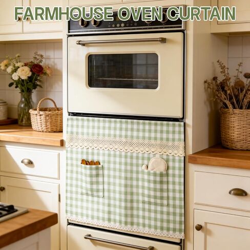 fethwoin Oven Curtain Skirt - Hook and Loop Stove Curtain with Pockets Gingham Oven Door Cover with Lace Cotton Farmhouse Cottagecore Rustic Kitchen Decor for Oven Dishwasher Cabinet Hidden Curtain in Saudi Arabia