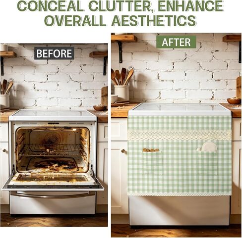 fethwoin Oven Curtain Skirt - Hook and Loop Stove Curtain with Pockets Gingham Oven Door Cover with Lace Cotton Farmhouse Cottagecore Rustic Kitchen Decor for Oven Dishwasher Cabinet Hidden Curtain in Saudi Arabia