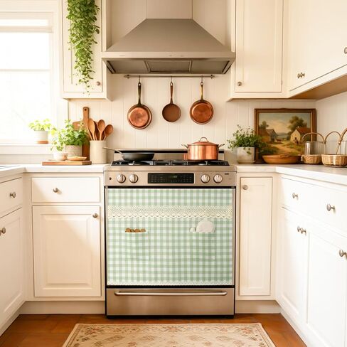 fethwoin Oven Curtain Skirt - Hook and Loop Stove Curtain with Pockets Gingham Oven Door Cover with Lace Cotton Farmhouse Cottagecore Rustic Kitchen Decor for Oven Dishwasher Cabinet Hidden Curtain in Saudi Arabia