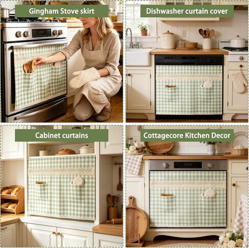 fethwoin Oven Curtain Skirt - Hook and Loop Stove Curtain with Pockets Gingham Oven Door Cover with Lace Cotton Farmhouse Cottagecore Rustic Kitchen Decor for Oven Dishwasher Cabinet Hidden Curtain in Saudi Arabia