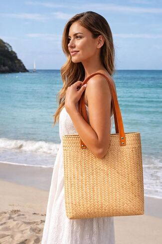 Handwoven Straw Tote Bag, Natural Palm Woven Shoulder Bag for Women, Boho Market Purse, Summer Travel & Shopping in Saudi Arabia