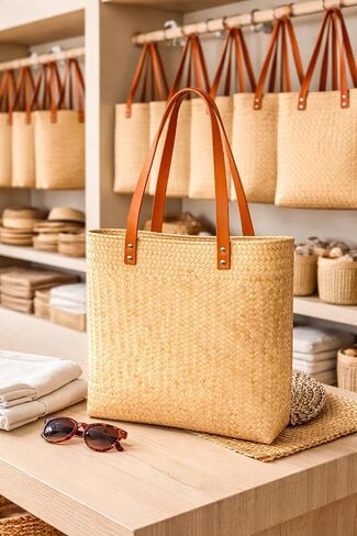 Handwoven Straw Tote Bag, Natural Palm Woven Shoulder Bag for Women, Boho Market Purse, Summer Travel & Shopping in Saudi Arabia