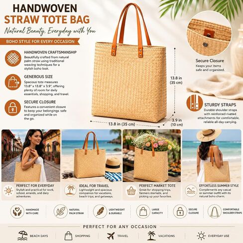 Handwoven Straw Tote Bag, Natural Palm Woven Shoulder Bag for Women, Boho Market Purse, Summer Travel & Shopping in Saudi Arabia