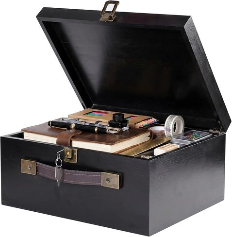 Wooden Storage Box, X-Large Wood Gift Box with Hinged Lid and Locking Key Decorative Natural Wooden Boxes for Jewelry Keepsake Gift Treasure, Memory Box - Black, 12x10x6 inches in Saudi Arabia