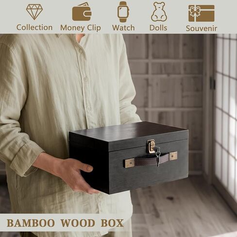 Wooden Storage Box, X-Large Wood Gift Box with Hinged Lid and Locking Key Decorative Natural Wooden Boxes for Jewelry Keepsake Gift Treasure, Memory Box - Black, 12x10x6 inches in Saudi Arabia