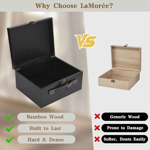 Wooden Storage Box, X-Large Wood Gift Box with Hinged Lid and Locking Key Decorative Natural Wooden Boxes for Jewelry Keepsake Gift Treasure, Memory Box - Black, 12x10x6 inches in Saudi Arabia