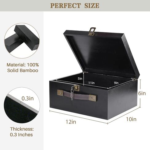 Wooden Storage Box, X-Large Wood Gift Box with Hinged Lid and Locking Key Decorative Natural Wooden Boxes for Jewelry Keepsake Gift Treasure, Memory Box - Black, 12x10x6 inches in Saudi Arabia