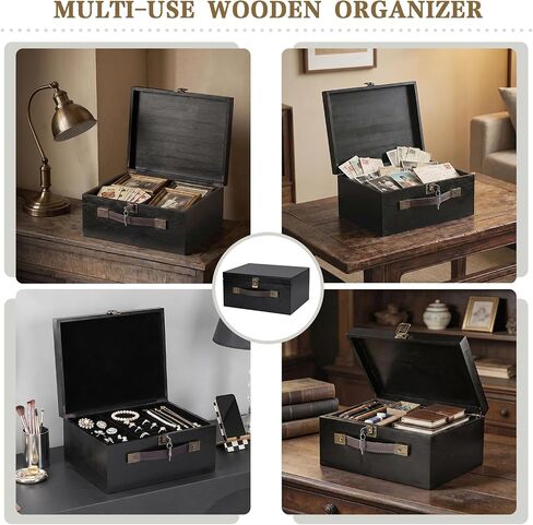 Wooden Storage Box, X-Large Wood Gift Box with Hinged Lid and Locking Key Decorative Natural Wooden Boxes for Jewelry Keepsake Gift Treasure, Memory Box - Black, 12x10x6 inches in Saudi Arabia