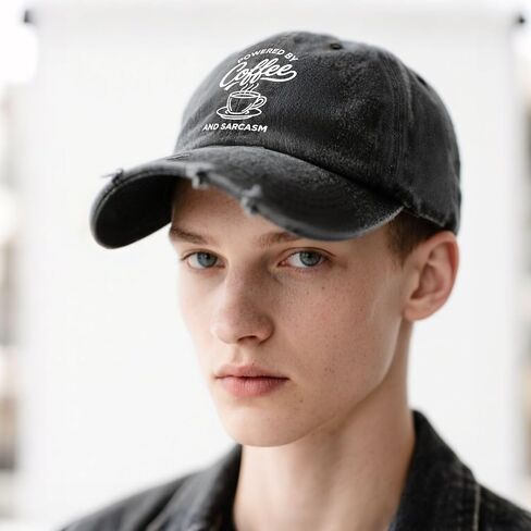 Powered by Coffee and Sarcasm Hats for Womens Trendy Washed Distressed Baseball Cap in Kuwait
