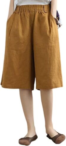 Linen Bermuda Shorts for Women Knee Length Summer Beach Casual Elastic Waisted Wide Leg Shorts with Pockets in Saudi Arabia
