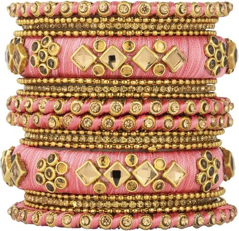 Aheli Ethnic Handmade Silk Thread Faux Stone Studded Bangle Set Designer Chudha Indian Wedding Wear Fashion Jewelry Gift for Women in Kuwait