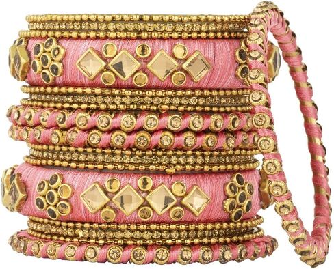 Aheli Ethnic Handmade Silk Thread Faux Stone Studded Bangle Set Designer Chudha Indian Wedding Wear Fashion Jewelry Gift for Women in Kuwait