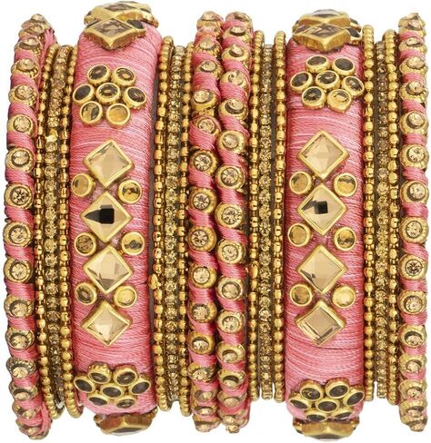 Aheli Ethnic Handmade Silk Thread Faux Stone Studded Bangle Set Designer Chudha Indian Wedding Wear Fashion Jewelry Gift for Women in Kuwait