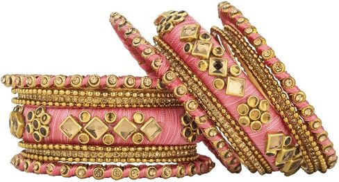 Aheli Ethnic Handmade Silk Thread Faux Stone Studded Bangle Set Designer Chudha Indian Wedding Wear Fashion Jewelry Gift for Women in Kuwait