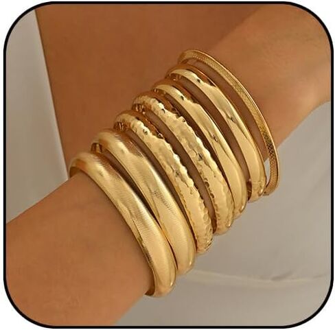 Gold Bangle Bracelets for Women, 14k Gold Plated Multi Layer Textured Stackable Open Bracelet Set Boho Indian Bangles Stackable Set Trendy Elegance Charms Non Tarnish Minimalist Bangle Pack in Saudi Arabia