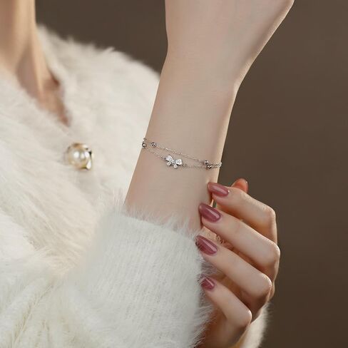 Bow Charm Link Bracelet Multilayered Bow Tie Charm Bracelet Crystal Bow Bracelet Bangle for Women - Silver in Saudi Arabia