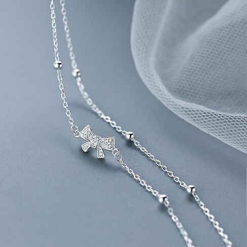 Bow Charm Link Bracelet Multilayered Bow Tie Charm Bracelet Crystal Bow Bracelet Bangle for Women - Silver in Saudi Arabia