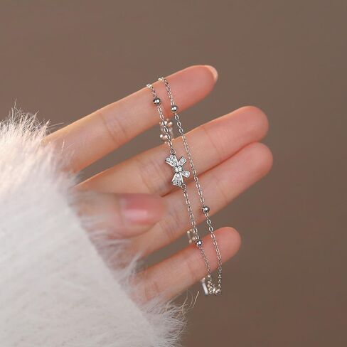 Bow Charm Link Bracelet Multilayered Bow Tie Charm Bracelet Crystal Bow Bracelet Bangle for Women - Silver in Saudi Arabia
