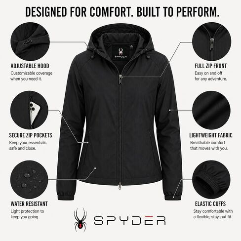 Spyder Womens Windbreaker Jacket - Lightweight Twill Wind-Resistant Full Zip Up Hooded Jacket for Women in Kuwait